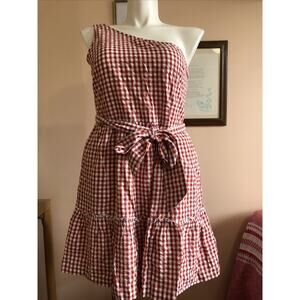 NWT Crown & Ivy One Shoulder Gingham Midi Dress Size 14 Red White Belted Lined
